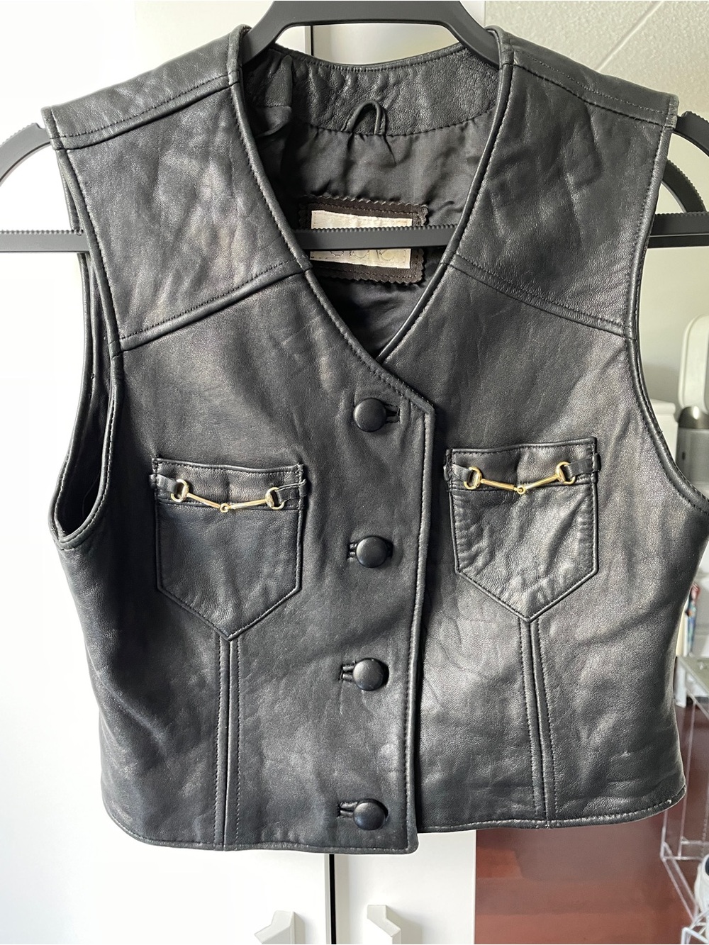 Women’s Cache vintage black leather vest with gold tone, hardware sizeXS/S